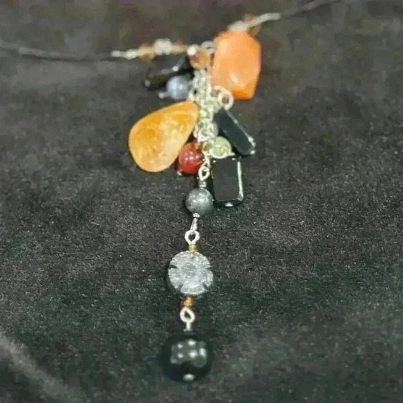 Boho Gemstone Beaded Necklace Carnelian Jade Cluster Drop Pendant - Picture 1 of 7